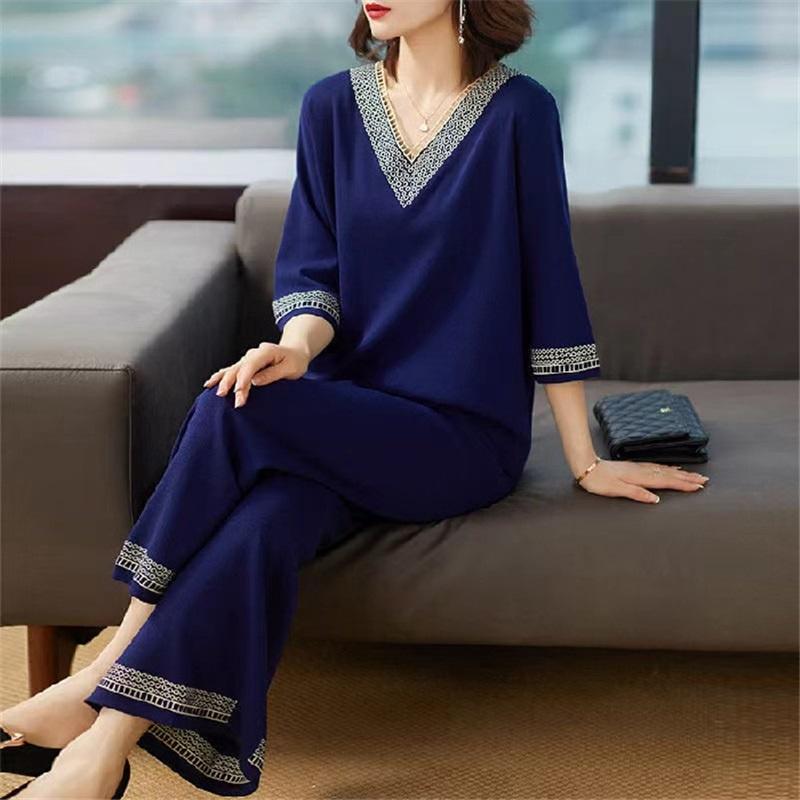 Women 2 Piece Set V Neck Half Sleeve Blouse Wide Leg Pants Plus Size Casual Loungewear Suit