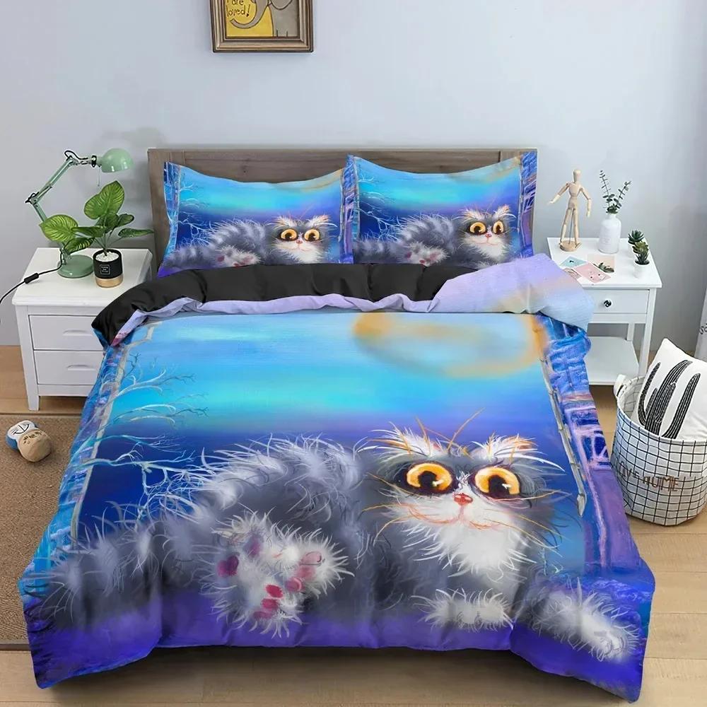 Watercolor Cartoon Cat Bedding Set Boys Girls Twin Queen Size Duvet Cover Pillowcase Bed Kids Adult Home Textileextile