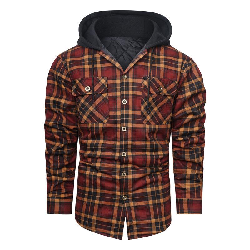 New Men's Jacket Autumn and Winter Thickened Plaid Shirt Long Sleeve Loose Hooded Shirt Men