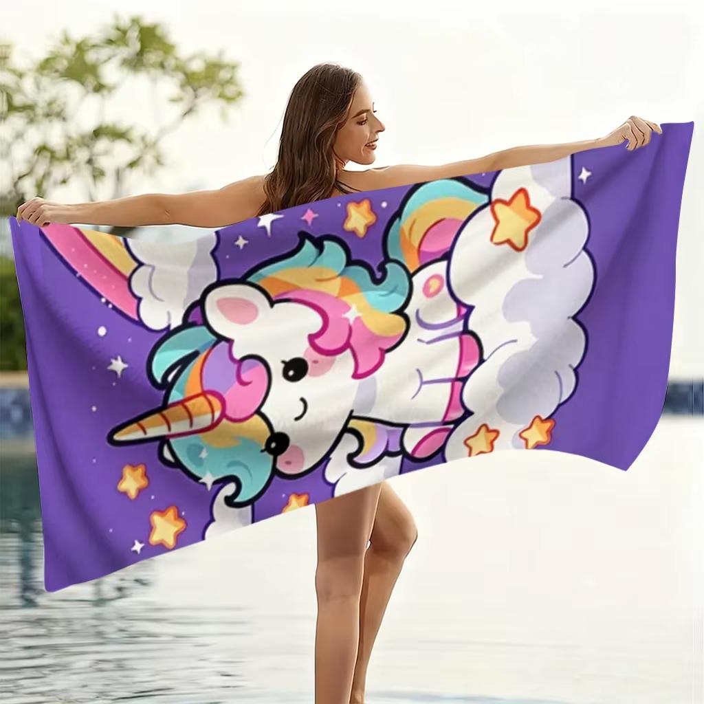 Cute Unicorn Rainbow Beach Towel Starry Sky Flat Print Large Soft Microfiber Bath Towel for Girl Kids Pool Travel Gift