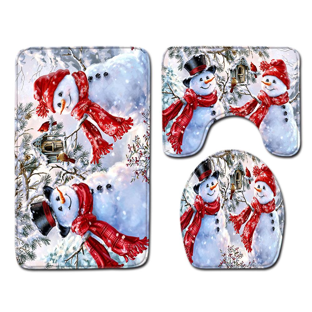 Christmas Shower Curtain Floor Mat Combination Four-Piece Set Bathroom Toilet Carpet Shower Room Mat Foot Mat