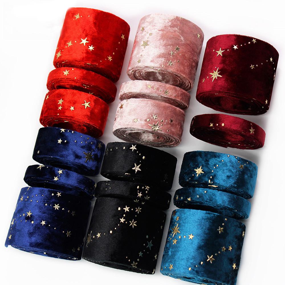 Cheap 5 Yards/Roll Double Face Velvet Ribbon Printed Gold Star Ribbons ...
