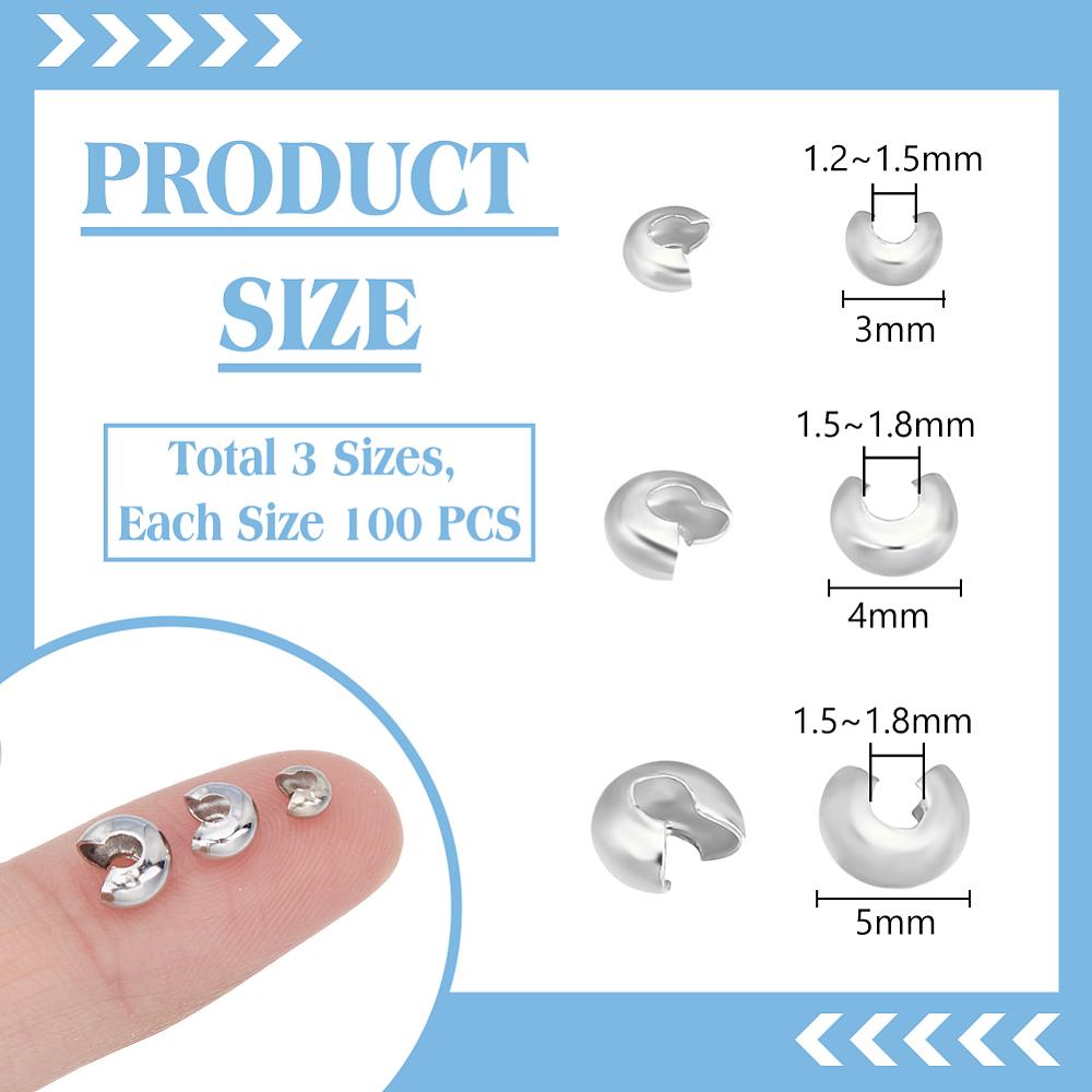 300Pcs 3 Sizes Brass Crimp Beads Covers, Nickel Free, Platinum, 3~5mm In Diameter, hole: 1.2~1.8mm, 100pcs/size