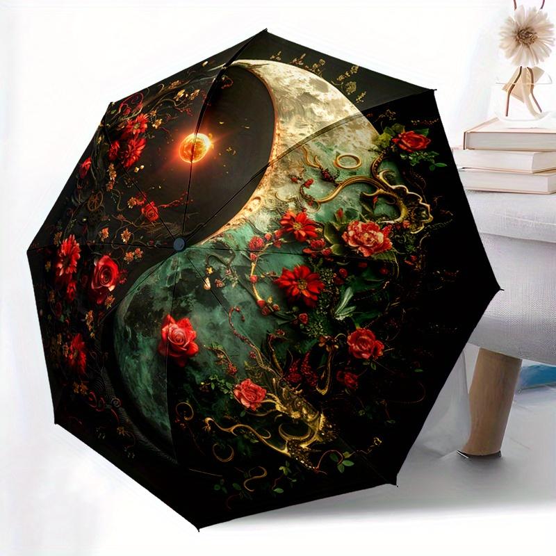 

1pc Yin Yang Tai Chi Moon Rose Automatic Folding Umbrella - Compact 8-Rib Design, Black & Red Floral Pattern, Durable Plastic/ (as the picture,Iron&8K)