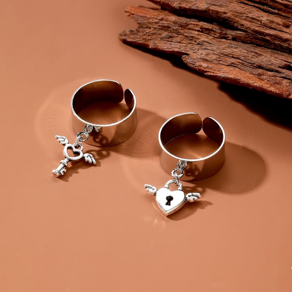 Aripi de înger Inel de blocare cheie Cuplu lat Inele de cuplu Cadou Bărbați Femei Prieteni Accesorii Set 2 bucăți Inel elegant din argint