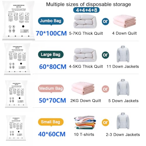20er-Pack Kleider-Kompressionsbeutel (4 Jumbo, 4 Groß, 4 Mittel, 8 Klein) - Perfekt für Bettdecken, Decken, Steppdecken, Kissen und Kleideraufbewahrung - Tr
