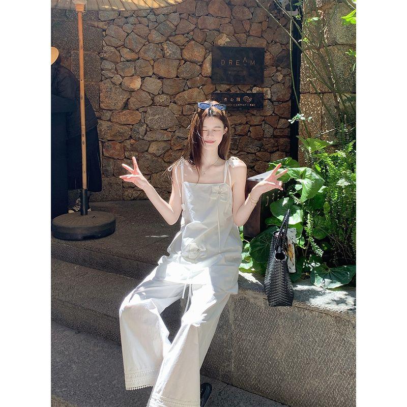 Kumikumi Gentle Casual Set Mid-Length Cami Women Summer High Waist Loose Straight Pants Two-piece Set