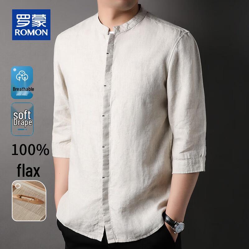ROMON Men s 100% Linen 3/4 Sleeve Stand Collar Shirt S