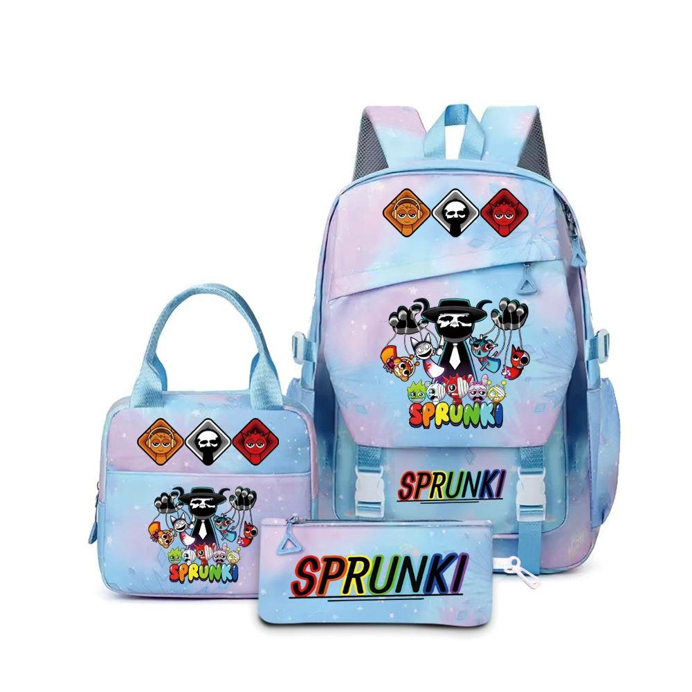 Around the box, elementary school bag sprunki cartoon backpack three-piece set D