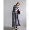 Stand Collar Rolled Linen Shirt Dress Half Button Front Big Patch Pockets Fit Slimming Shift Dress Breathable Commuter Minimalist Flowy Sundress