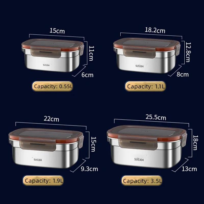 Food Grade 304 Stainless Steel Bento Box - Large Capacity Sealed Storage Box with Handle, for Household Refrigerator & Picnic