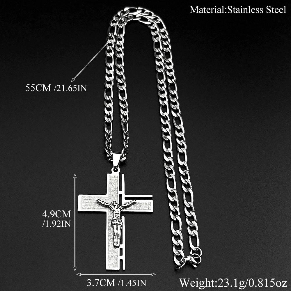 Jesus Kreuz Kruzifix Anhänger Halskette für Männer Edelstahl Goldfarbe Christlich Spanisch Vaterunser Figaro Kette Schmuck