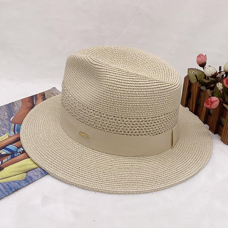 

Straw Hollow Panama Straw Hat Men And Women Summer Seaside Vacation Beach Hat Jazz Hat Sun Visor Top Hat 55-58cm (adjustable smaller size)