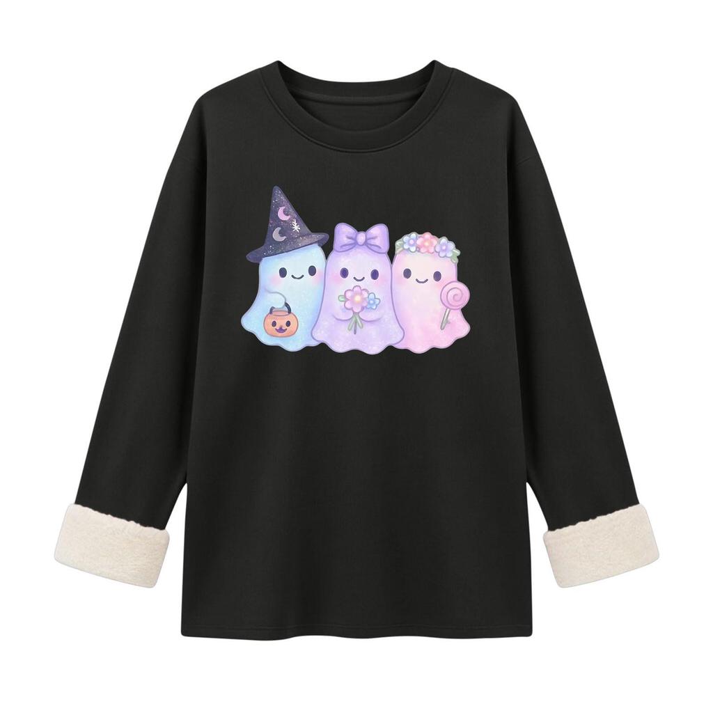 Women's Halloween Print -Lined Long Sleeve Round Neck Sweatshirt for Winter Casual Wear
