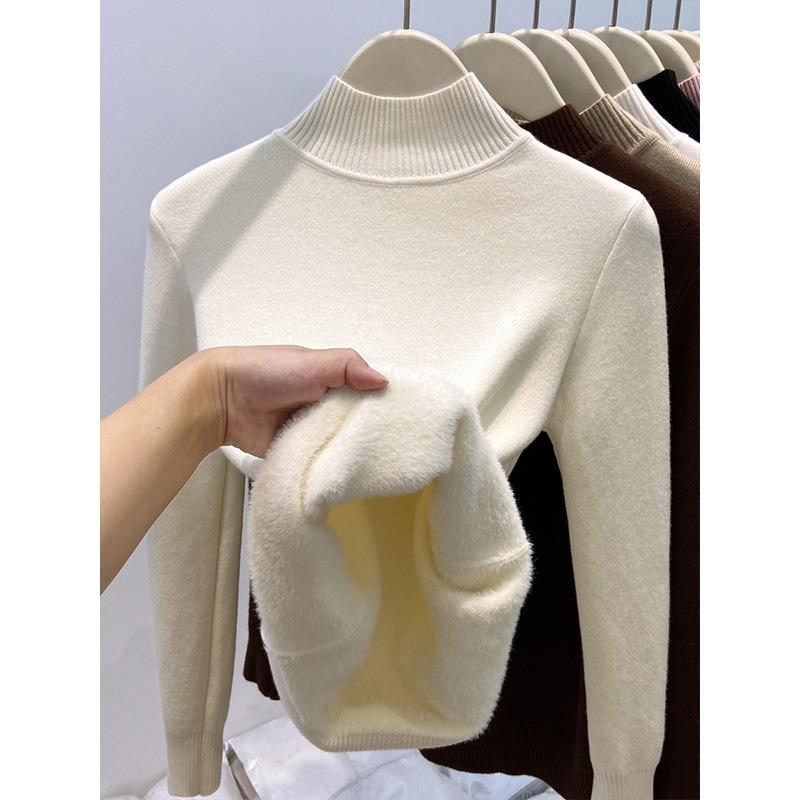 Winter integrated velvet thickened turtleneck knitted bottoming shirt women's warm inner top soft waxy basic sweater