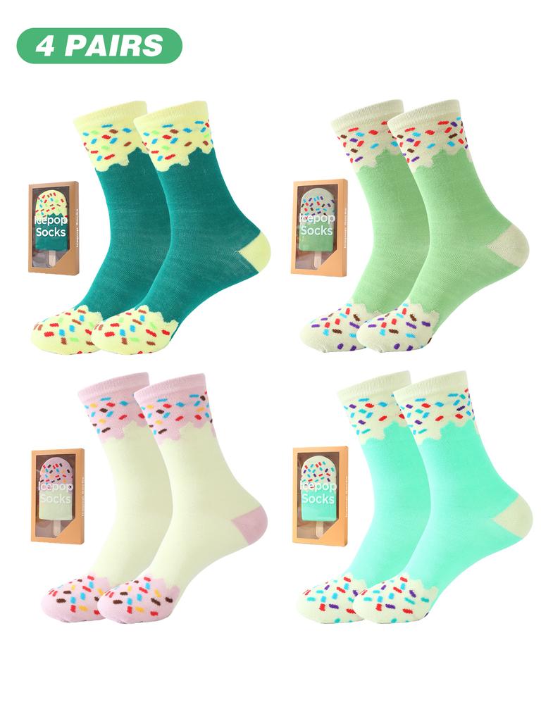 4 Pair of Mid-calf Unisex Socks In a Novelty Ice Cream Design, a Unique and Interesting Festive Gift.