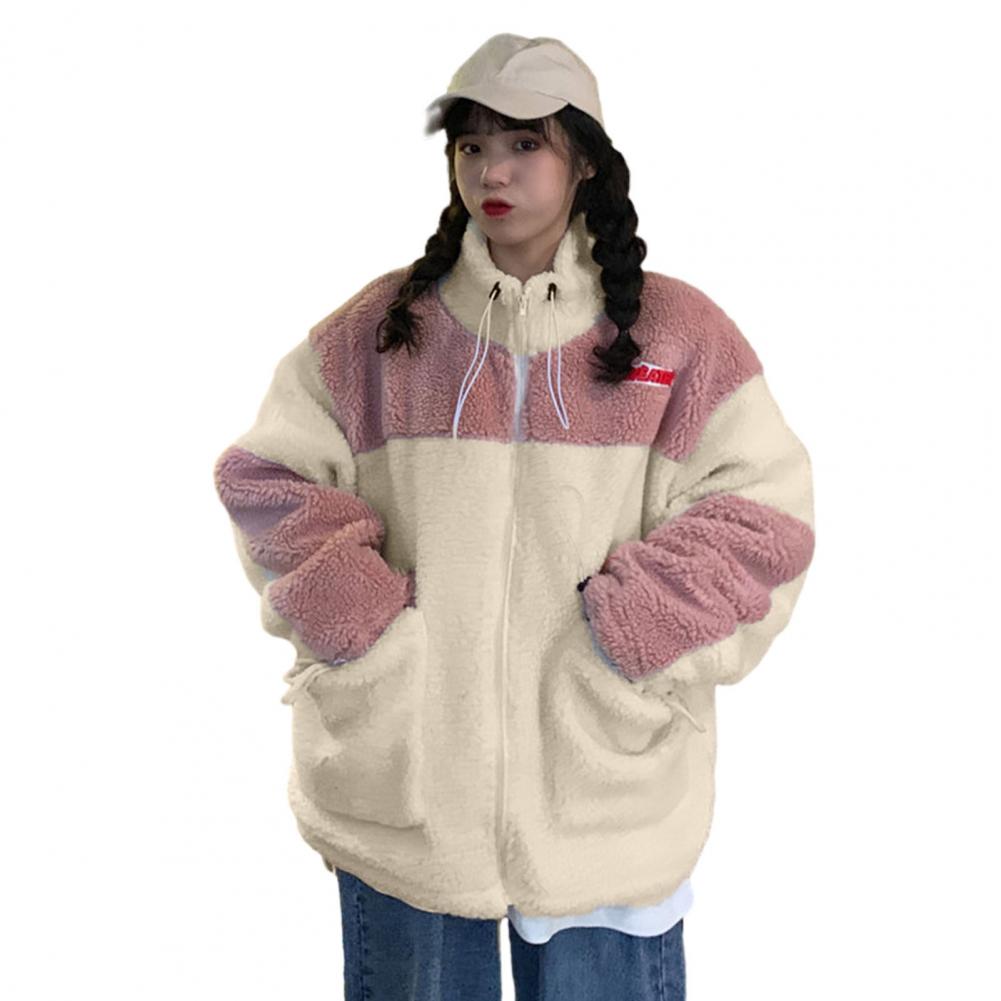 Women Winter Coat Colorbblock Thick Soft Plush Cold Resistant Patchwork Big Pockets Long Sleeve Drawstring Lady Outdoor Coat