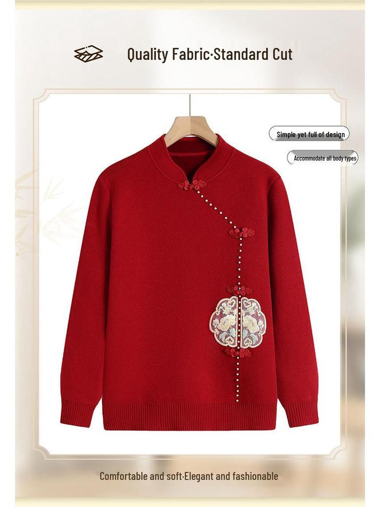 2024 Women's Plus Size Fleece-Lined Sweater for Autumn/Winter - Thick One-Piece Base Layer for Middle-Aged & Elderly Moms