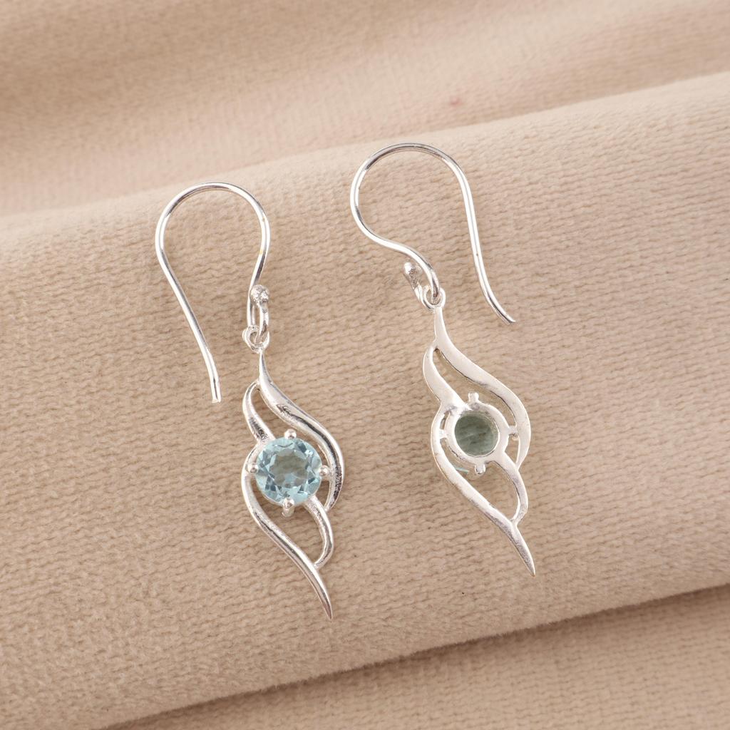 Natürlicher Himmelblauer Topas Edelstein 925 Sterlingsilber Designer Schmuck Damen Hängeohrring 1,7" CE-22-4