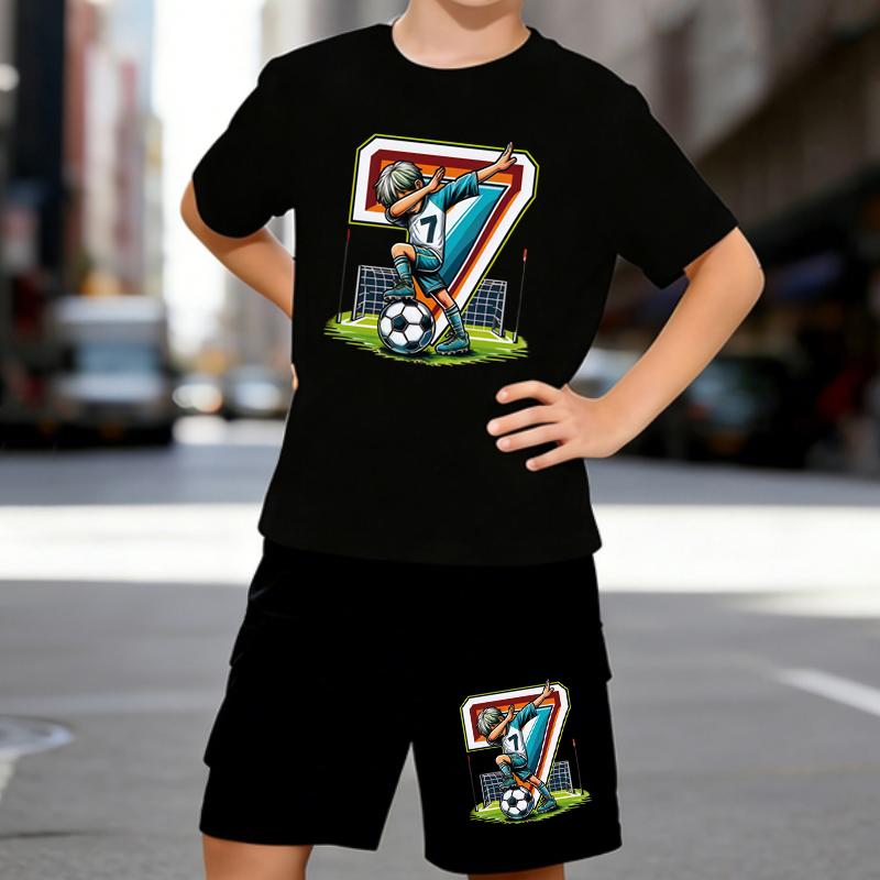 

Boys 2 Piece Football & Birthday Themed Printed Outfit, Short Sleeve T-Shirt and Shorts Set for Kids Age 5-14,white,Black Sporty Casual Summer Clothes 5-6 Years чёрный
