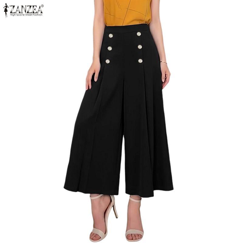 ZANZEA Women Casual Elastic Waist Solid Color Loose Summer Cropped Pants