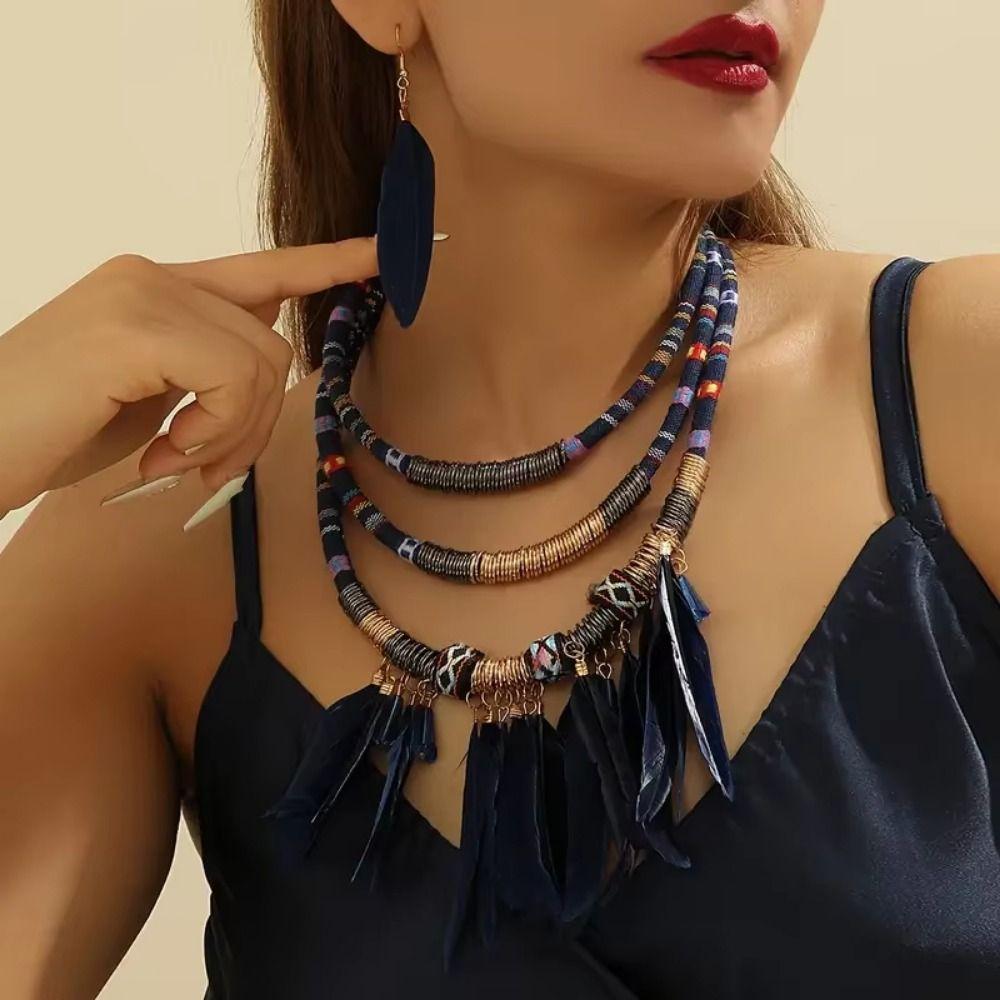 Fashion Feather Tassel Necklace Vintage Ethnic Jewelry Set Bohemian Necklace  Dating Accessories