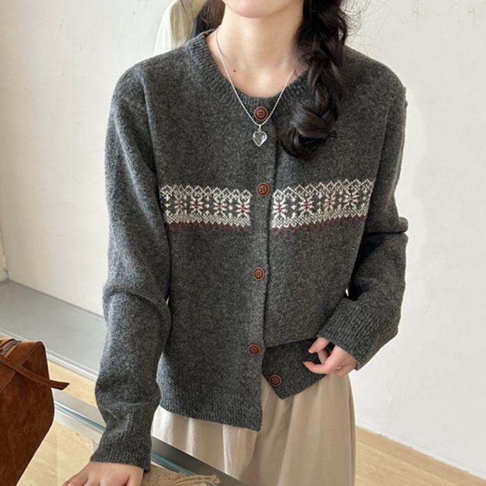 Autumn Winter Single-breasted Knitted Sweater Short Cardigan Jacket Loose Crew Neck Fashion Vintage Prined Sweaters Youth Women