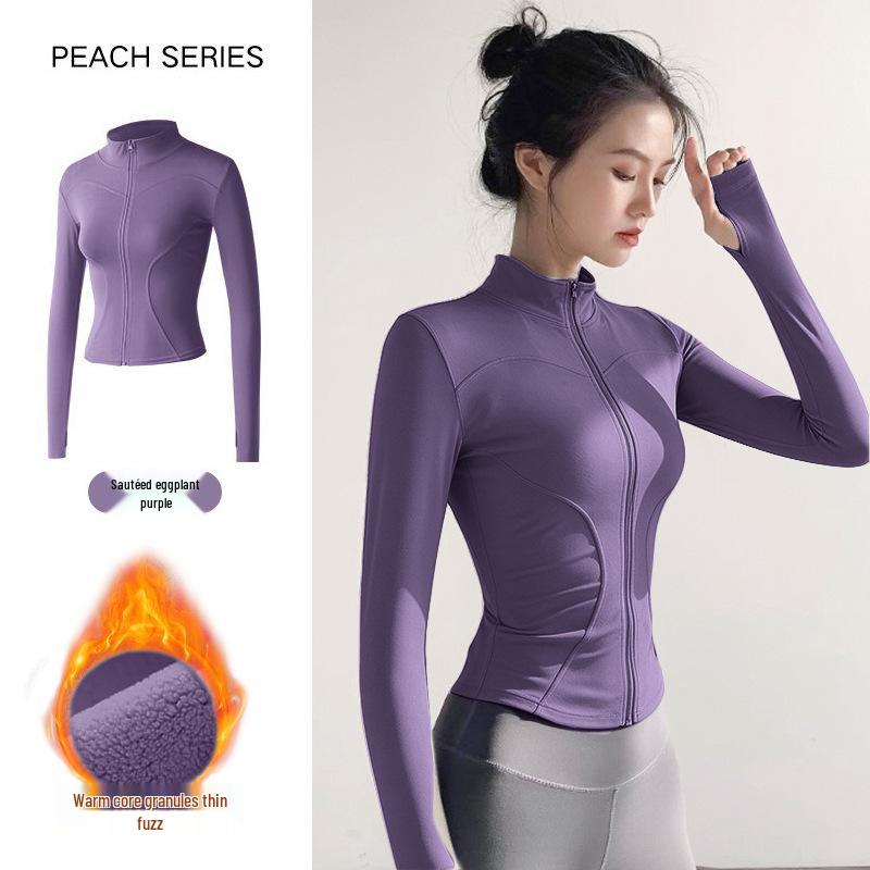 Women's Plush Slim Fit Zipper Yoga Jacket - Thickened, Elastic Long Sleeve, Stand Collar, Warm Autumn & Winter Top