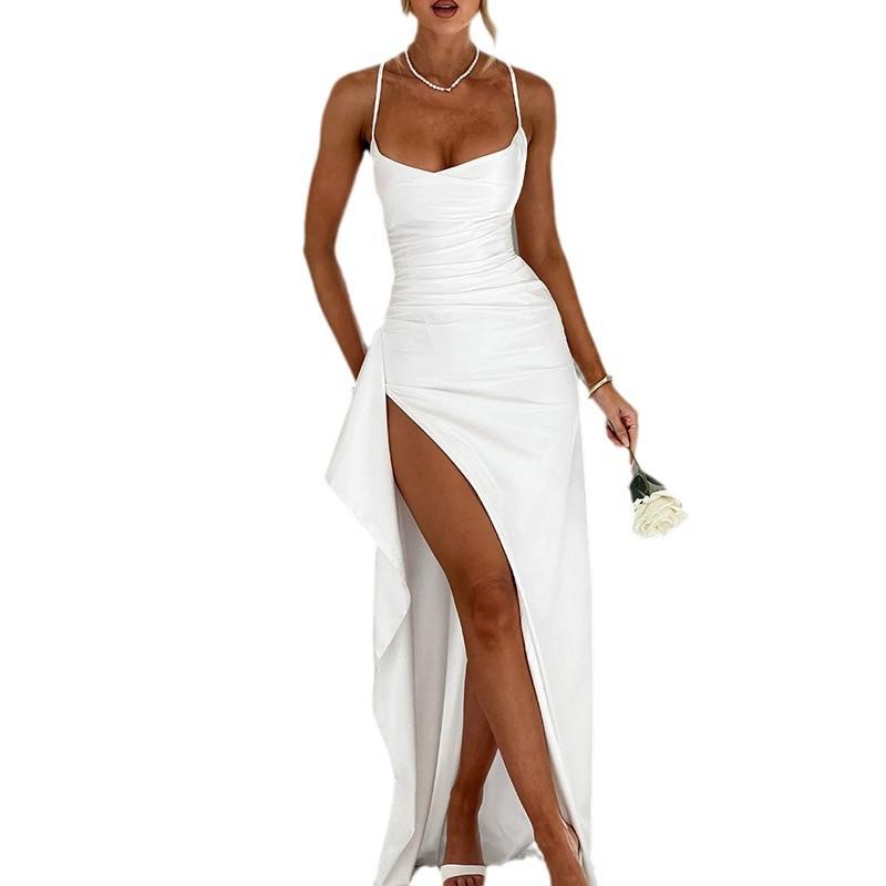 Women's Autumn/winter Sexy Back Strap Split Evening Dress Solid Color Strap Dress
