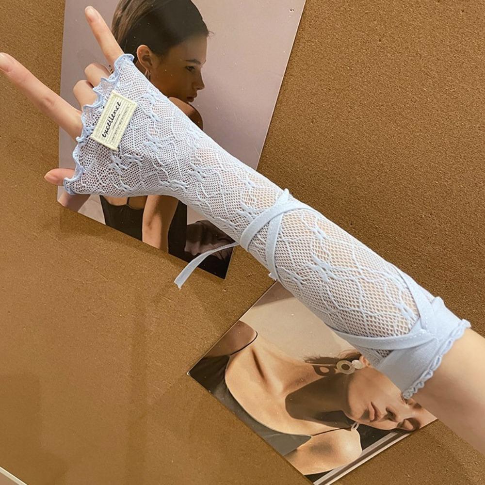 Sweet Y2K Lace Arm Sleeves Ribbon Fingerless Gloves Lolita Sun Protection Sleeves  Girl Party