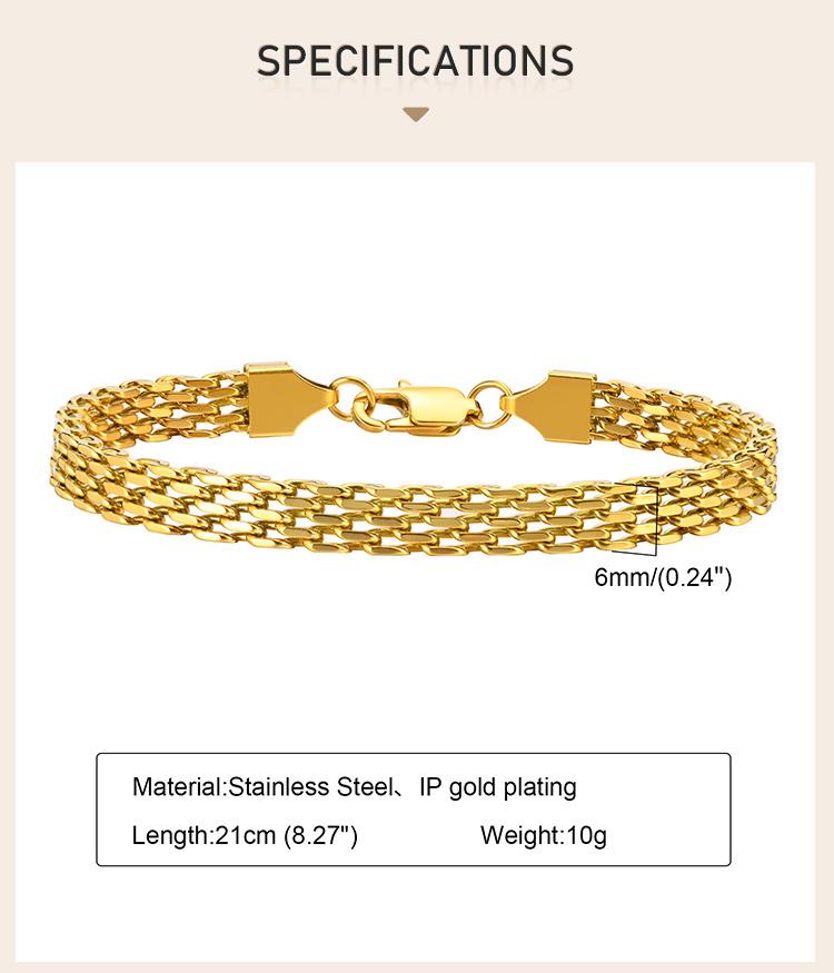 6mm Waterproof Mesh Link Chain Bracelet For Women, 18k Gold Plated Stainless Steel Adjustable, Non Tarnish Jewelry 17cm-21cm
