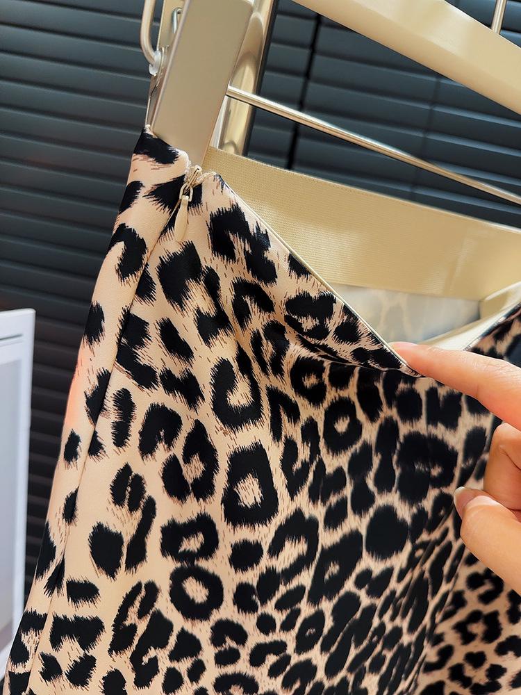 American Retro Satin Leopard Print Fishtail Bodycon Skirt - High Waist, Drawstring Midi