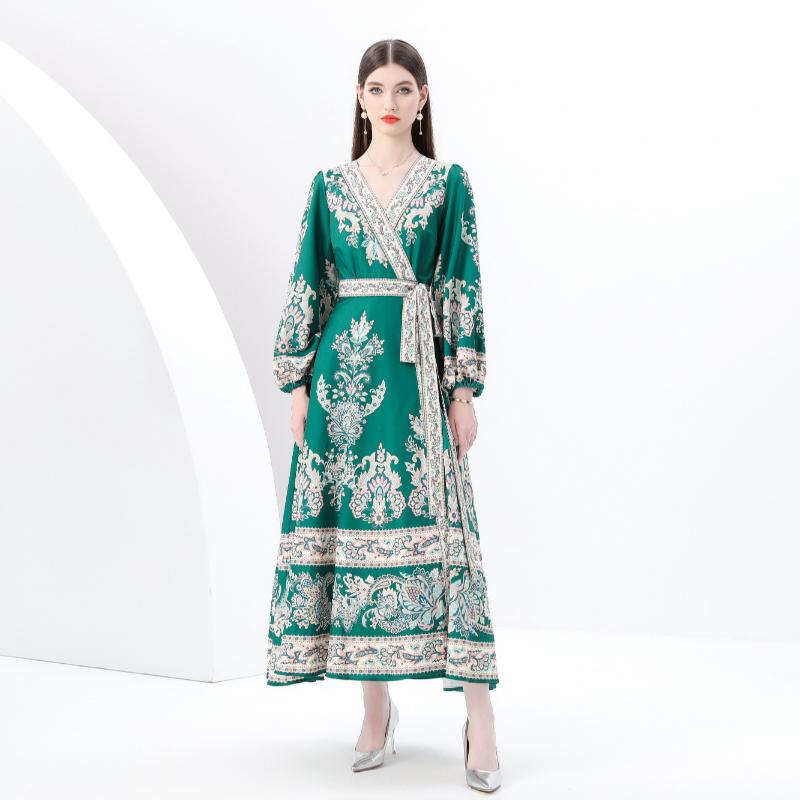 Spring Summer Women V-neck Big Size Vintage Print Lantern Sleeve Midi Lace-up Party Dresses Robe