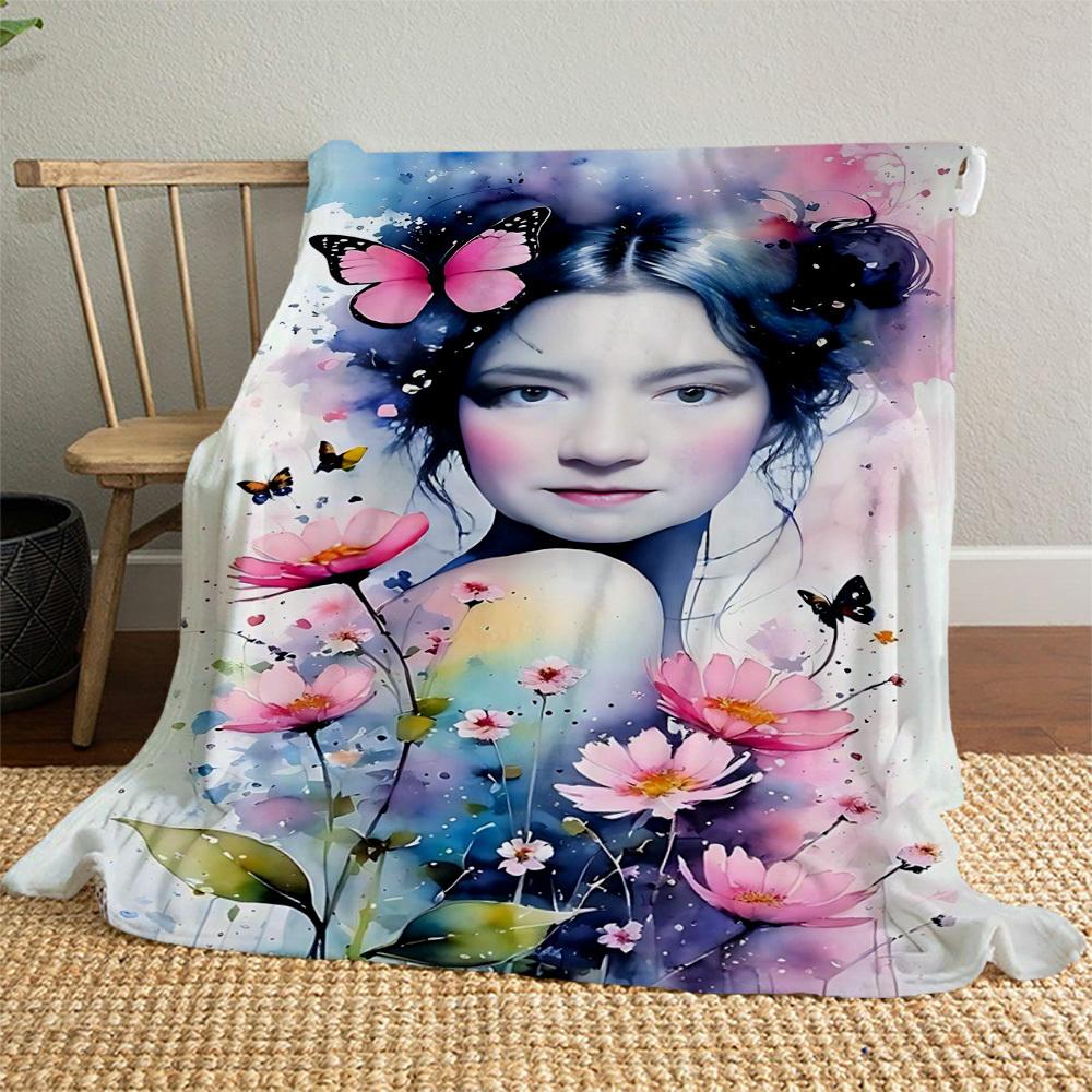 1 Stück Schmetterlingsblumen Outdoor Flanelldecke Weich Warm Ganzjahresdecke für Sofa Bett Auto Camping Büro, Gemütliche Geschenkidee1189S
