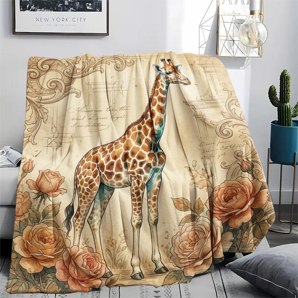 1PC Retro Floral Animal Print Flannel Blanket, High quality All Seasons, Home Decor, Warmth and Comfort, Perfect for Christmas Gifts