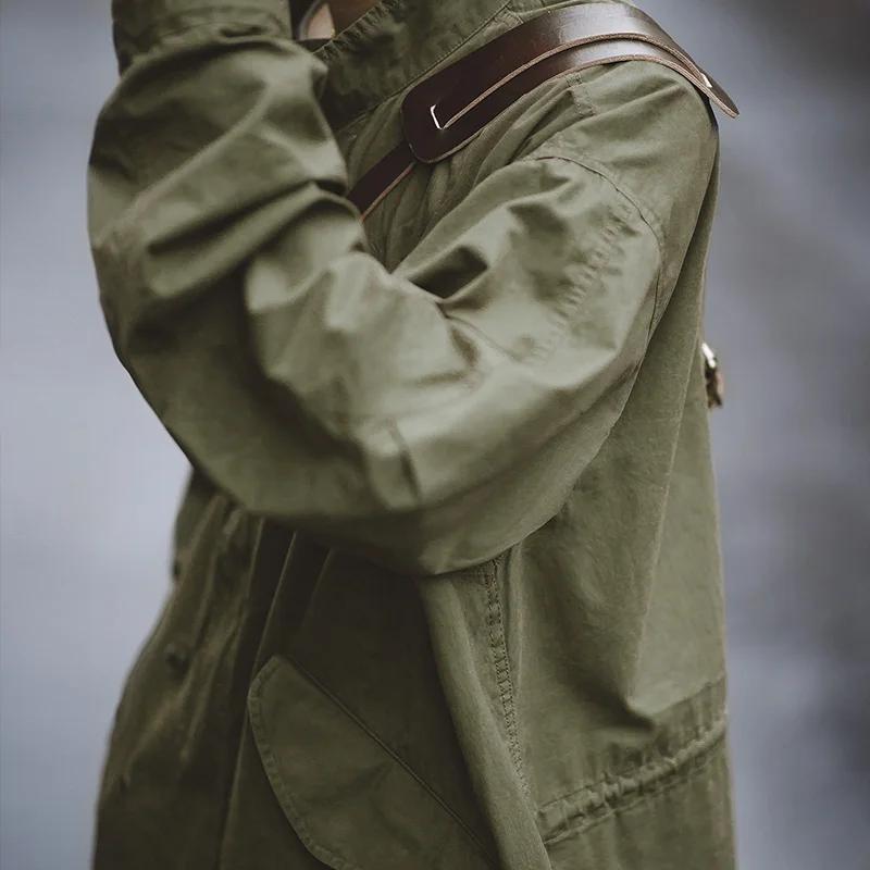 Maden Pánský M51 Parka s rybím ocasem Vintage Zelená Tkaná Šňůrka v pase Bunda Střední délka Oversized Volná Vnější oblečení pro muže
