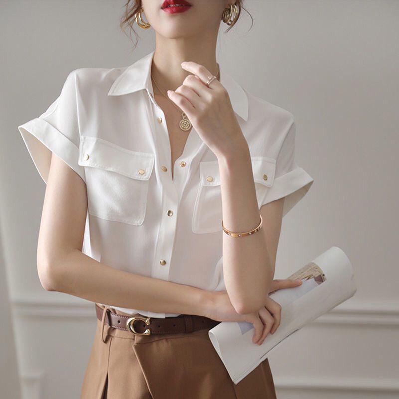 Women's Chiffon White Shirt Short Sleeve Summer Temperament Shirt Top