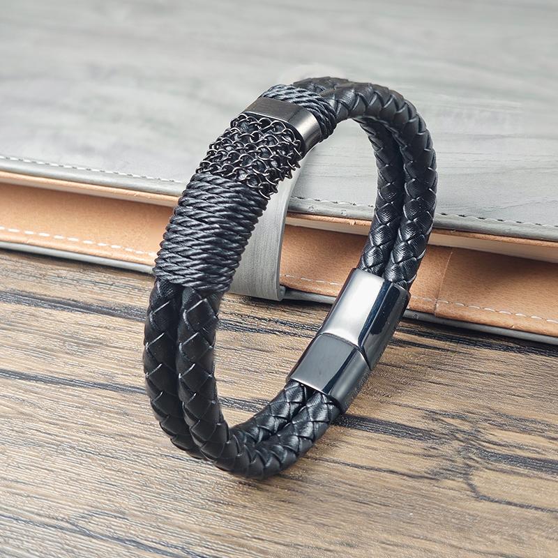 Black Braided Leather Bracelet for Men Stainless Steel Chain Detail Magnetic Buckle Fashion Male Jewelry Birthday Gift