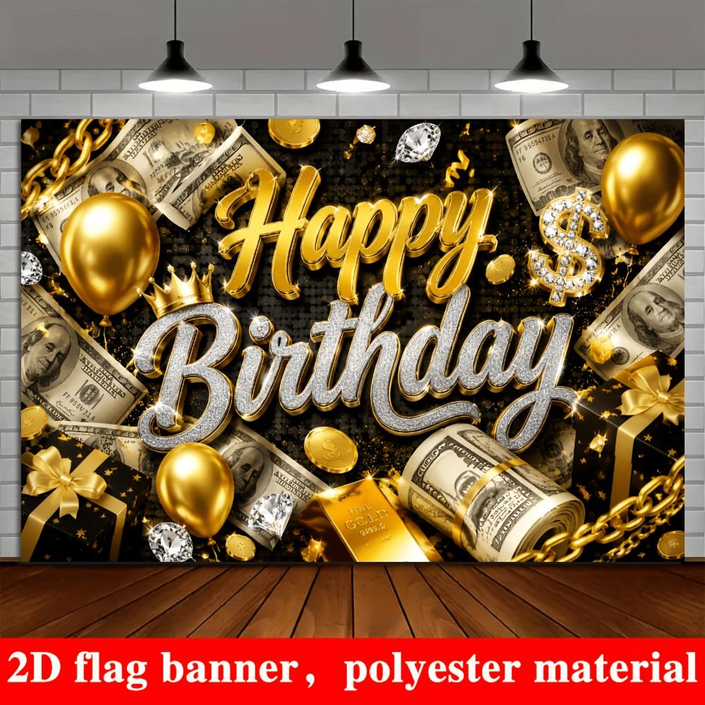 Black Gold Luxury Birthday Party Backdrop Banner, Cash Gold Bars Balloons Diamond Gift Photo Background, Polyester Indoor Outdoor Wall Decor