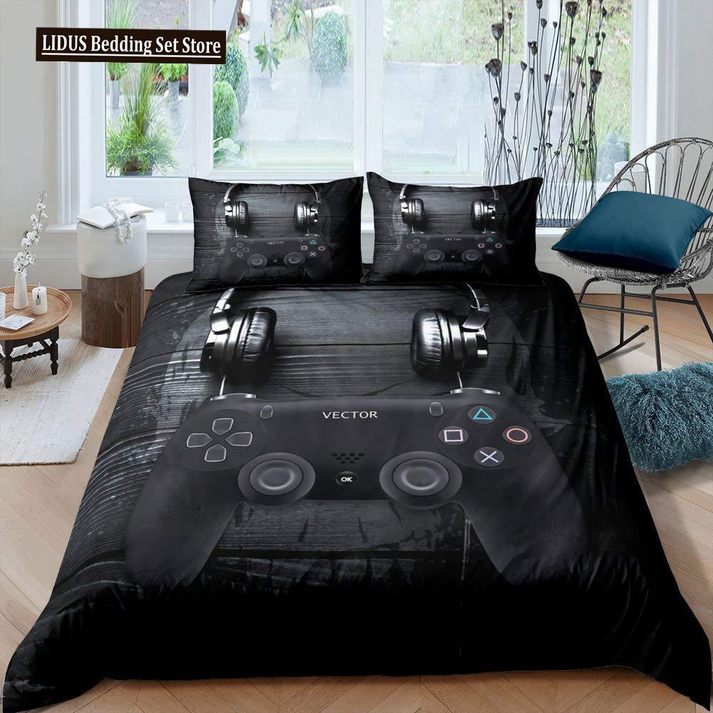 Gamer Duvet Cover Set Rotating Music Comforter Cover Gamepad Gaming Bedding Set For Boys Headphone Bedspreads Cover Queen Size