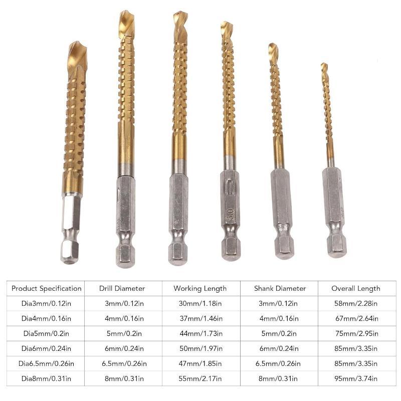 6Pcs Hss Hexagon Shank Twist Drill Bits Serrated Grooving Cutting Tap Spiral Saw Wood Metal Plastic Hole Saw Titanium Drill