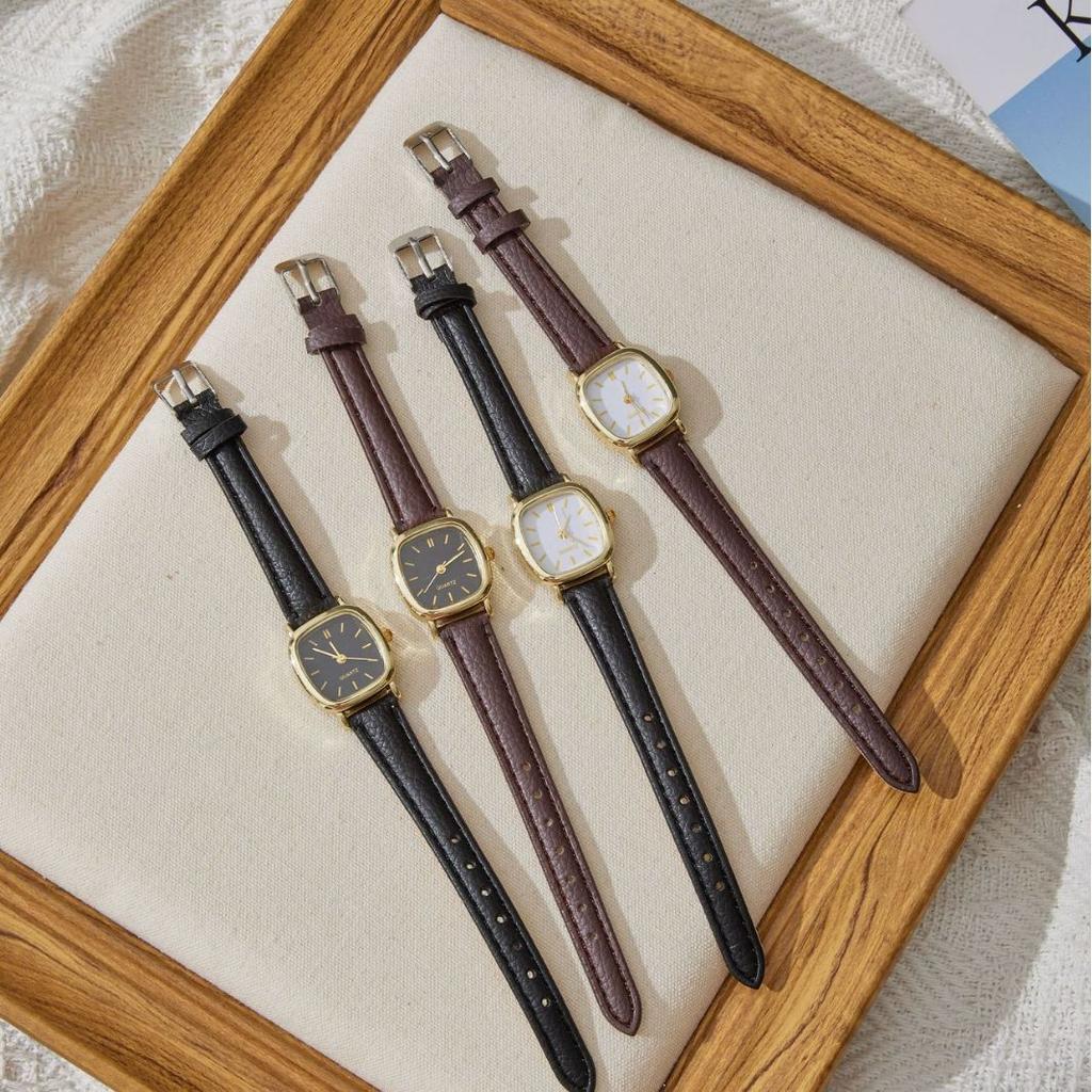 Square Minimalist Quartz Watch Women Petite Wrist Retro Synthetic Leather Strap