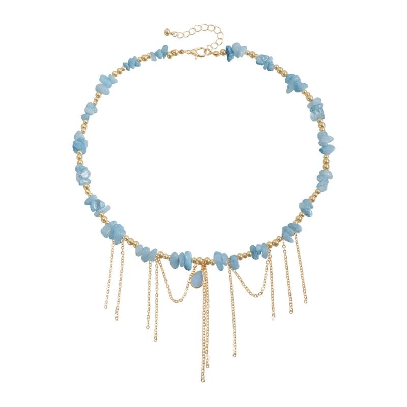 

Витончене кольє-підвіска з кристалом у формі краплі води, регульований ланцюжок на ключицю з рухомими китицями та акцентами з перлів 1