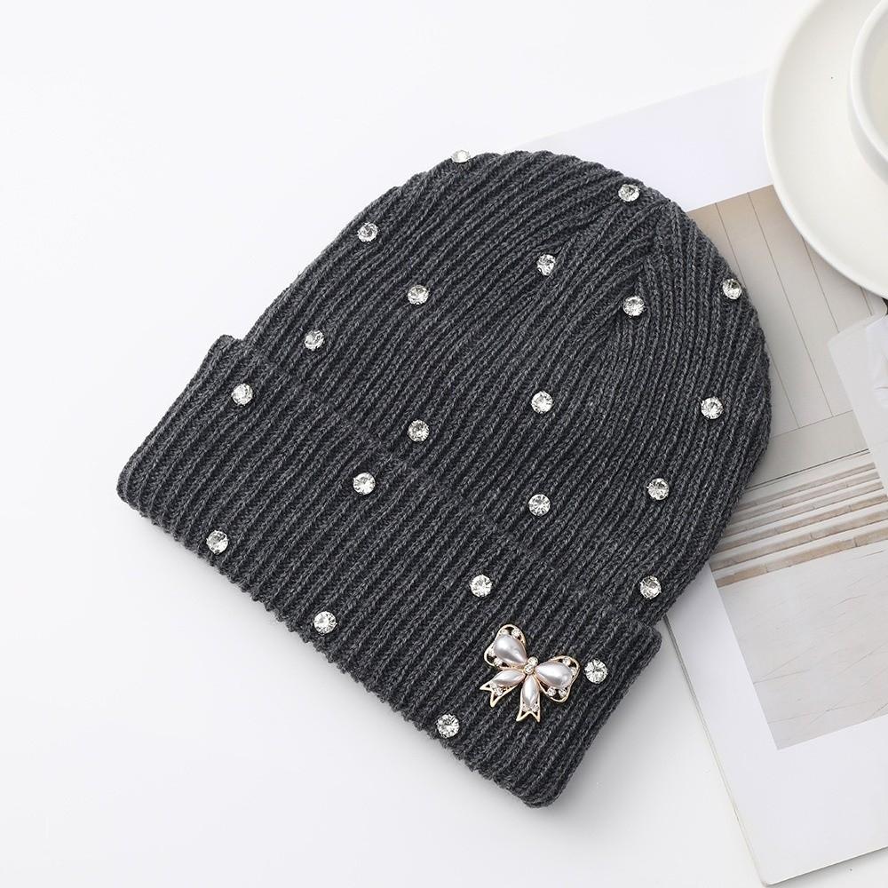 Solid Color Crystal Pearl Bow Beanie Warm Pullover Hat Fashion Knit Hat Outdoor