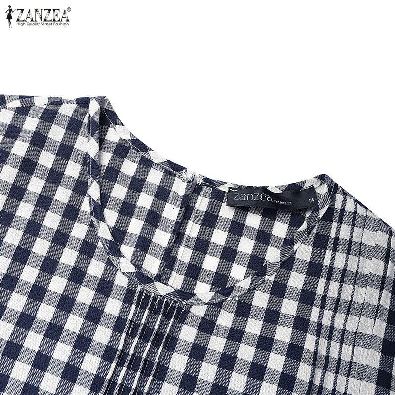 ZANZEA Women Plaid Print Casual Round Neck Short Sleeve Dress