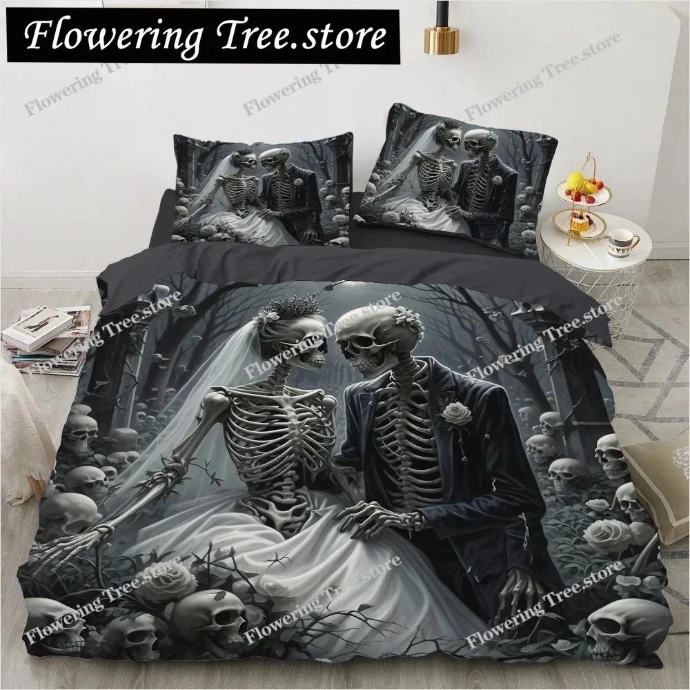 Skull Wedding Cartoon Comforter Sets Bedding Set Double Queen King Twin Full Size Duvet Cover Set Kids Girls White Bed Linen