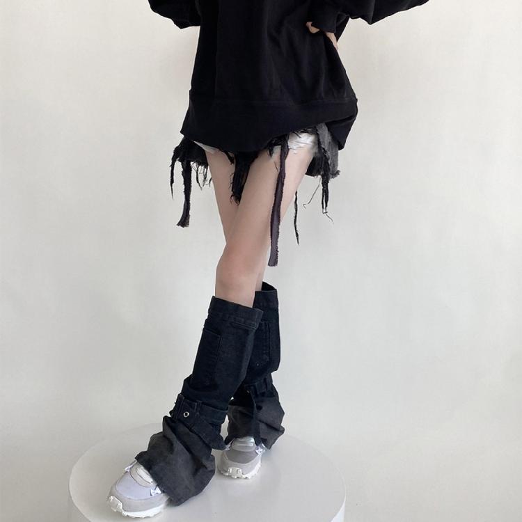 Women Japanese Punk Buckle Strap Leg Warmers Harajuku Aesthetic Streetwear Baggy Loose Denims Leg Sleeve Foot Covers