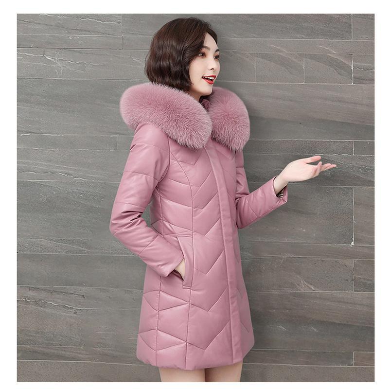 Sheepskin Leather Jacket Women's Down Jacket 90 White Duck Down Women's Medium Length Large Size Fur Jacket Slim Leather Jacket