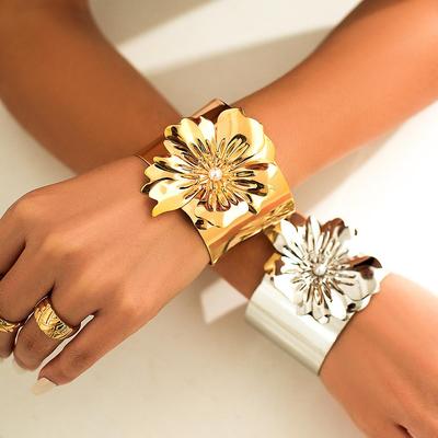Exaggerate Punk Gold Silver Color Rose Flower Cuff Bangles For Women Vintage New Bracelet Boho Fashion Wide Bangle Jewelry