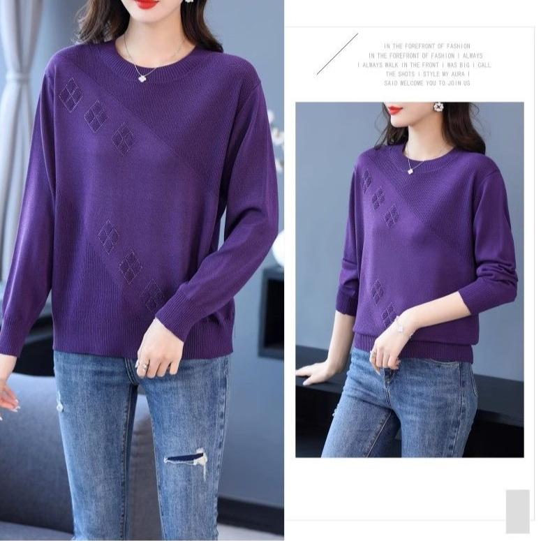 Women's Thin Crew Neck Knit Sweater Spring and Autumn Loose Solid Color Knit Pullover Top